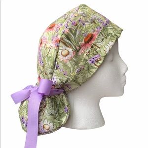 Purple flowers ponytail scrub cap, surgical hat